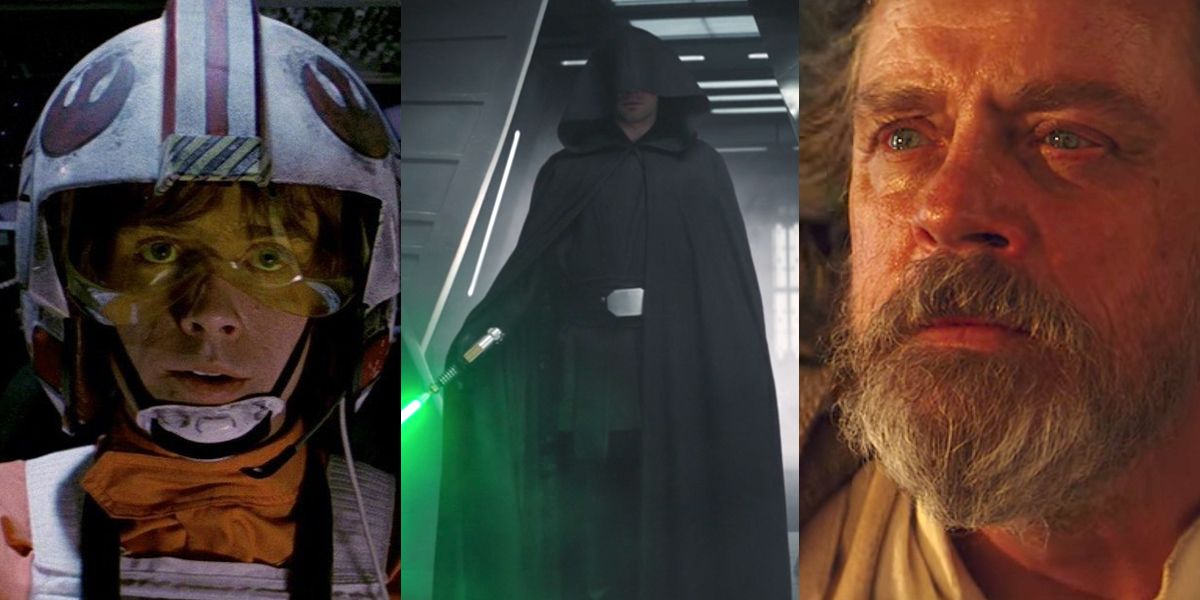Colagem de três imagens de Luke Skywalker na cabine de um X-Wing, parado no corredor resgatando Grogu e olhando para o mar em Ach-To em Os Últimos Jedi