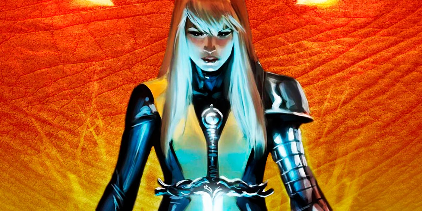 Magik from X-Men looking at a sword with a red orange background.