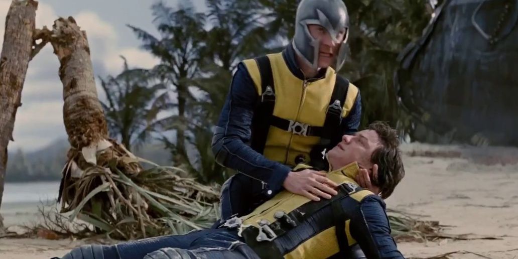 Magneto holds Professor X on the ground in X-Men First Class. 