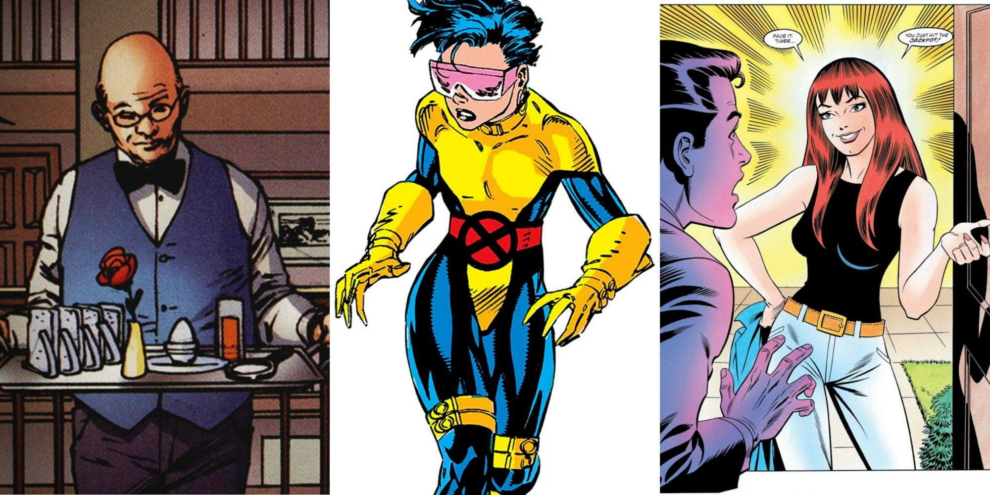 A split image of Jarvis, Jubilee, and MJ Watson in Marvel Comics