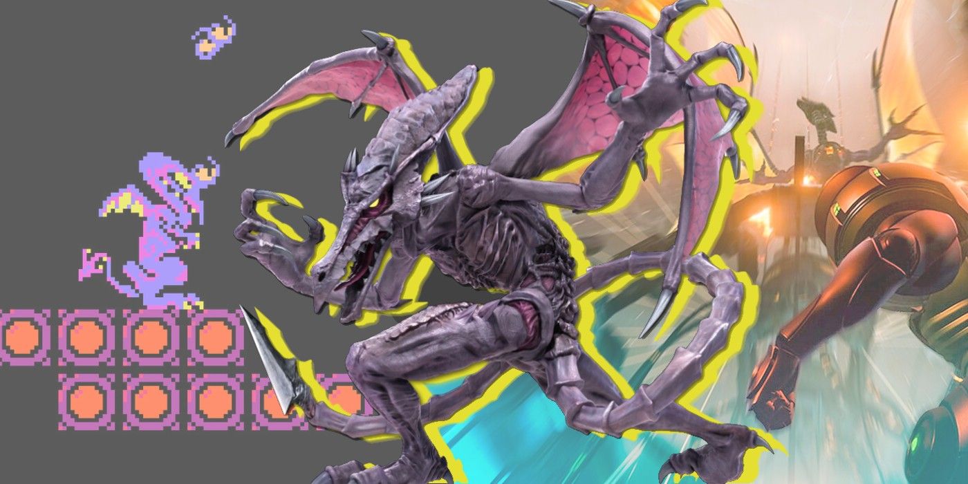 Ridley from Super Smash Bros Ultimate over screenshots of Ridley's appearances in the original Metroid and Metroid Prime