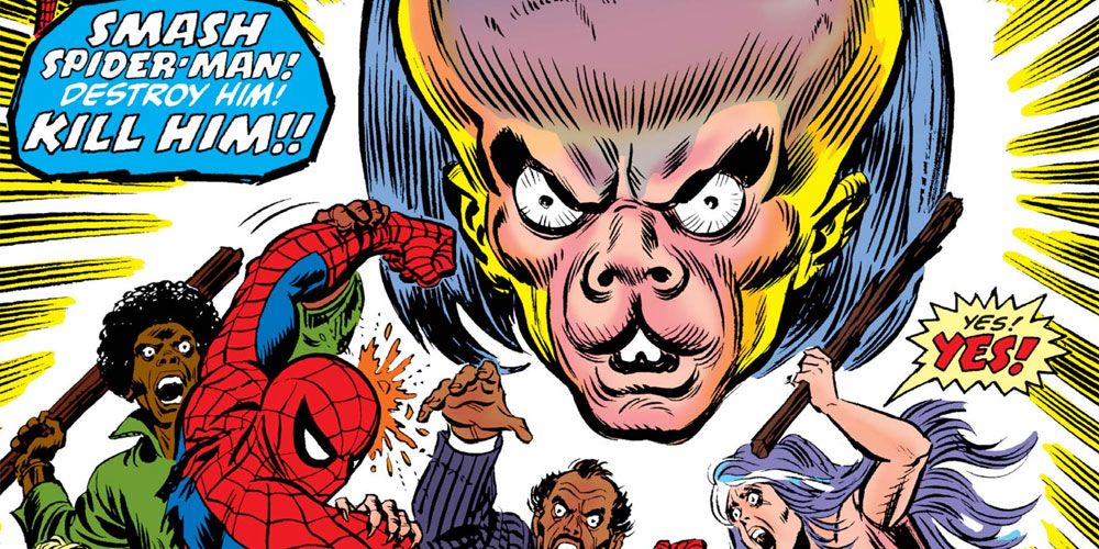 Mindworm controla uma multidão de mentes de pessoas para atacar o Homem-Aranha - Marvel Comics