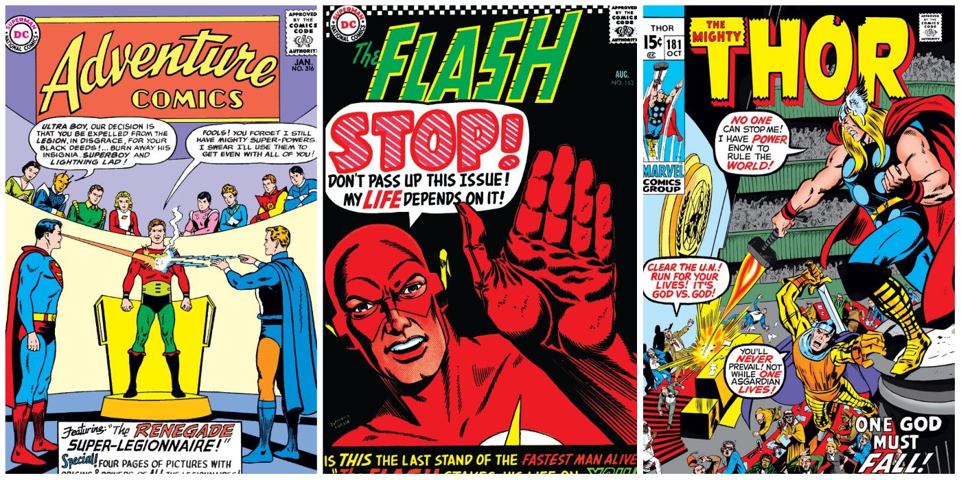 A split image of the comic covers for Adventure Comics #316, Flash #163, and Thor #181
