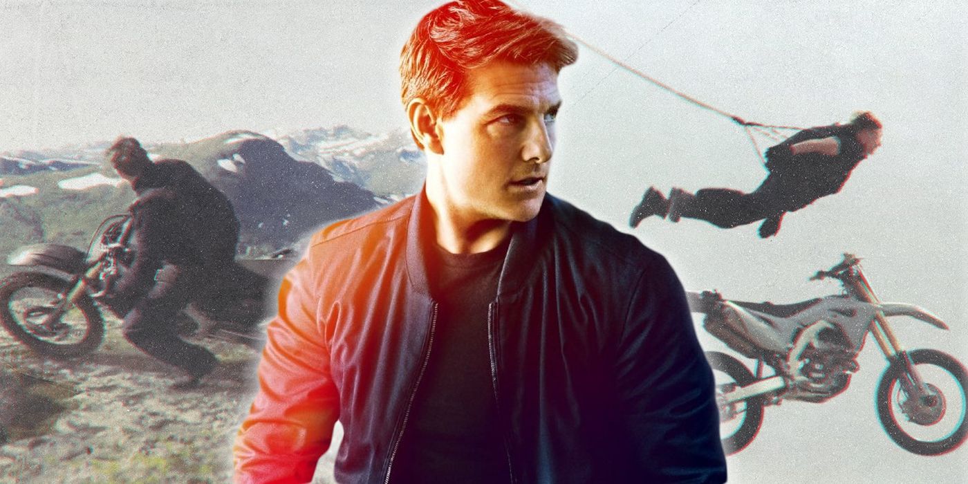 Tom Cruise depicted in front of images of himself performing Mission: Impossible 7 stunts.