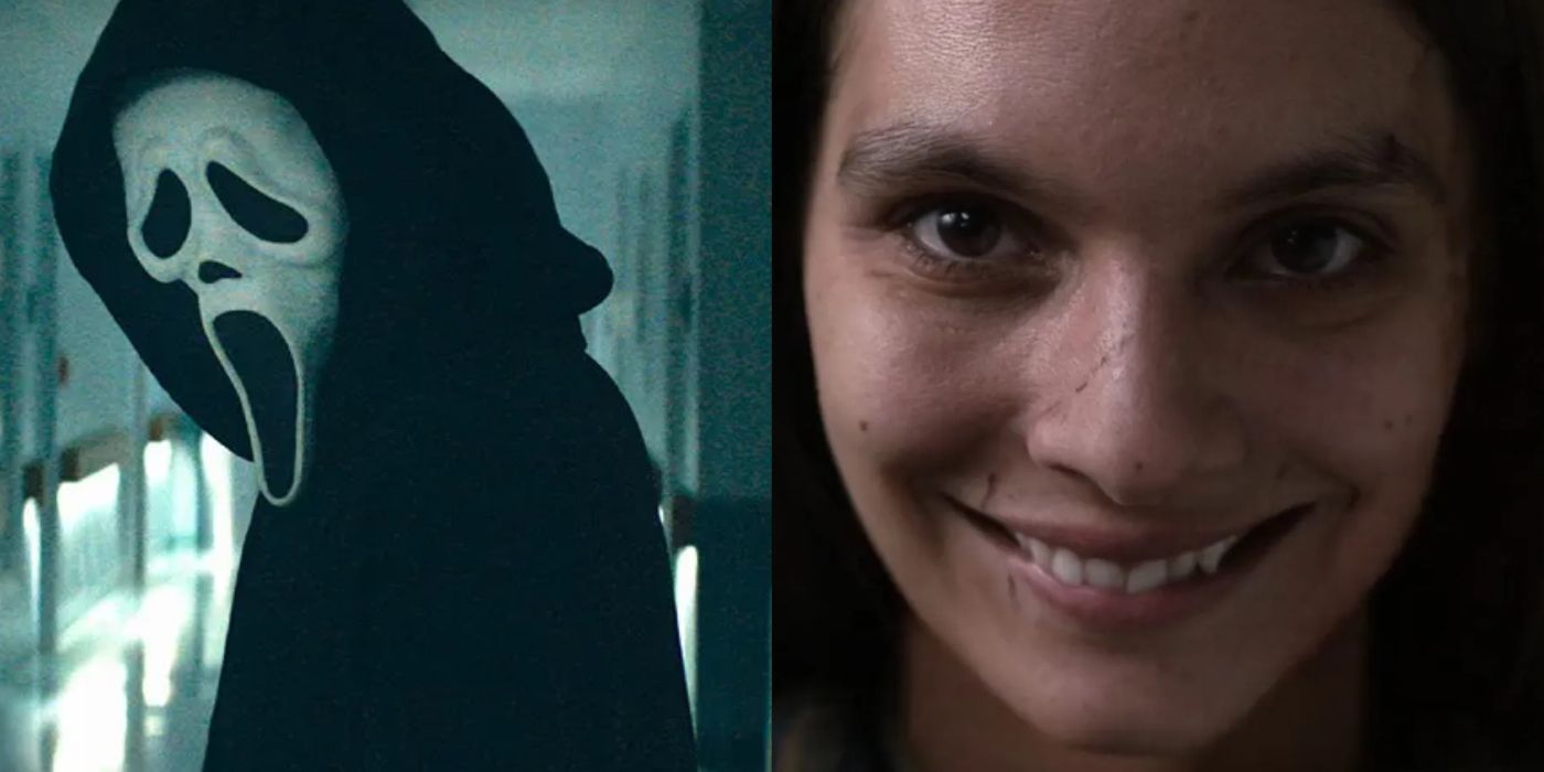 Ghostface in Scream 2022 and the girl smiling at the beginning of Smile. 