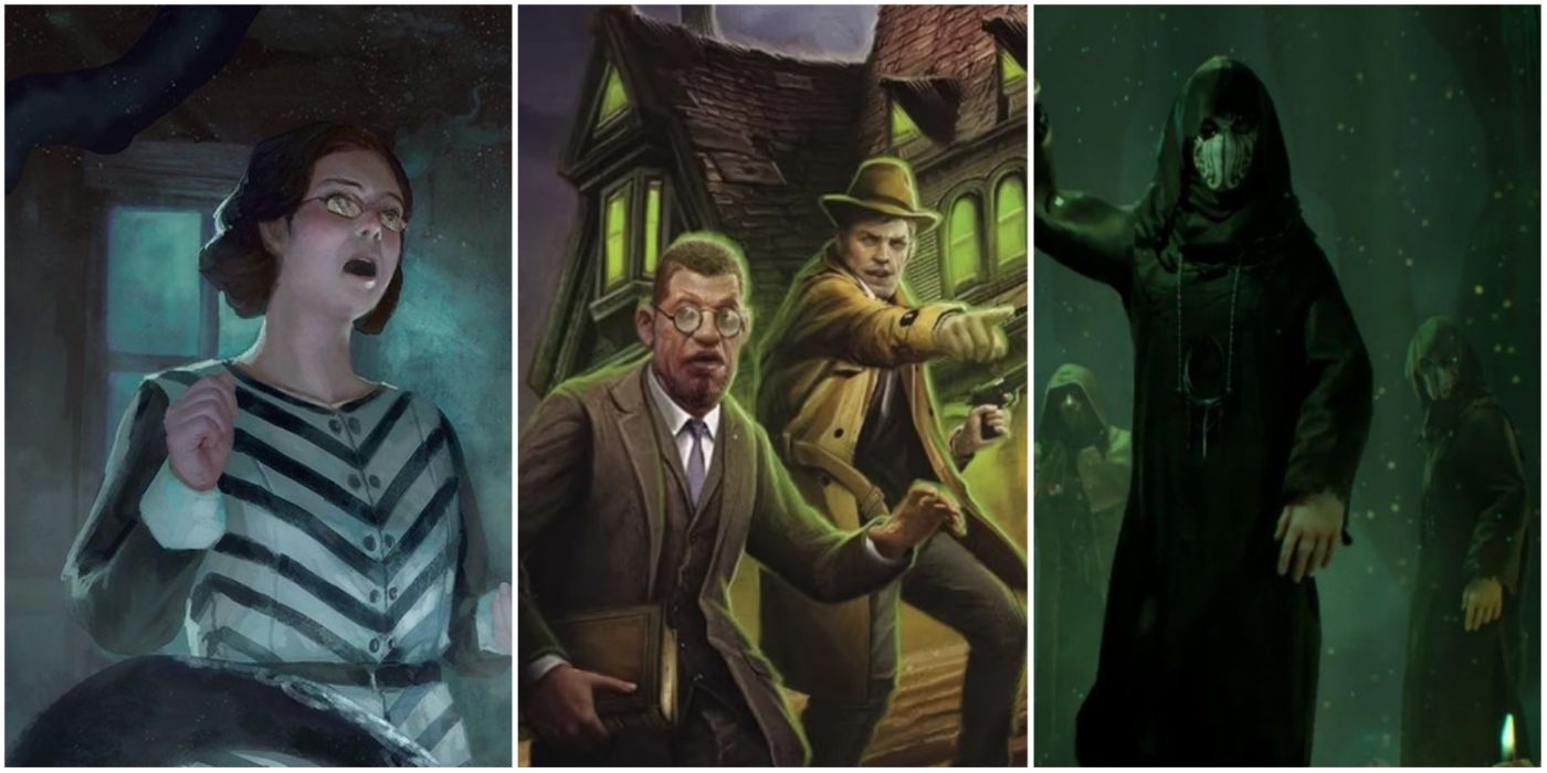 A split image of investigators and cults in Call of Cthulhu TTRPG