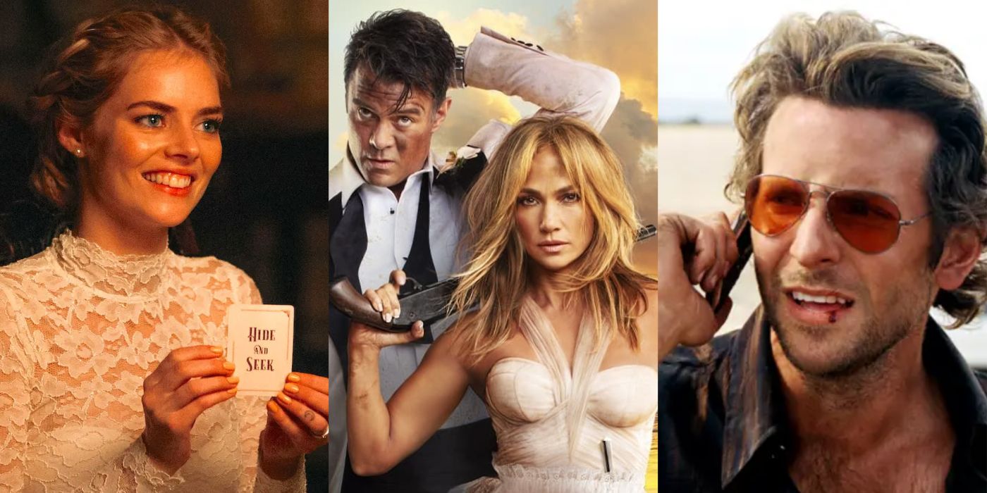 Samara Weaving holding up a card from Ready or Not, Jennifer Lopez and Josh Duhamel in Shotgun Wedding, and Bradley Cooper on the phone in The Hangover. 