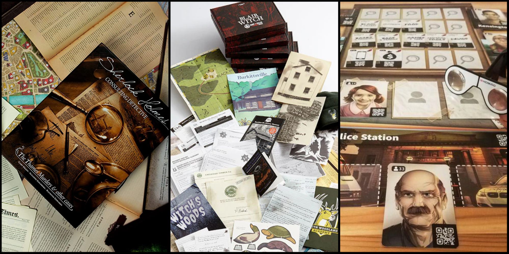 A split image of pictures depicting the murder mystery board games Sherlock Holmes: Consulting Detective, Hunt A Killer: Blair Witch, and Chronicles of Crime.