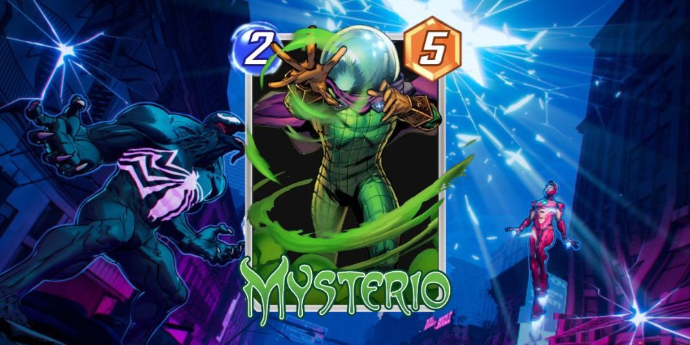 Mysterio card Marvel Snap with Marvel Snap background
