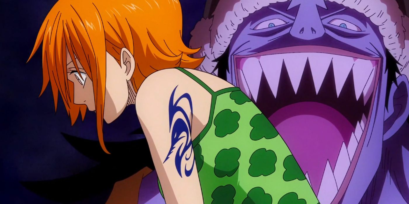 An image shows Nami, the navigator of the Straw Hat Pirates, looking distressed as Arlong laughs in One Piece