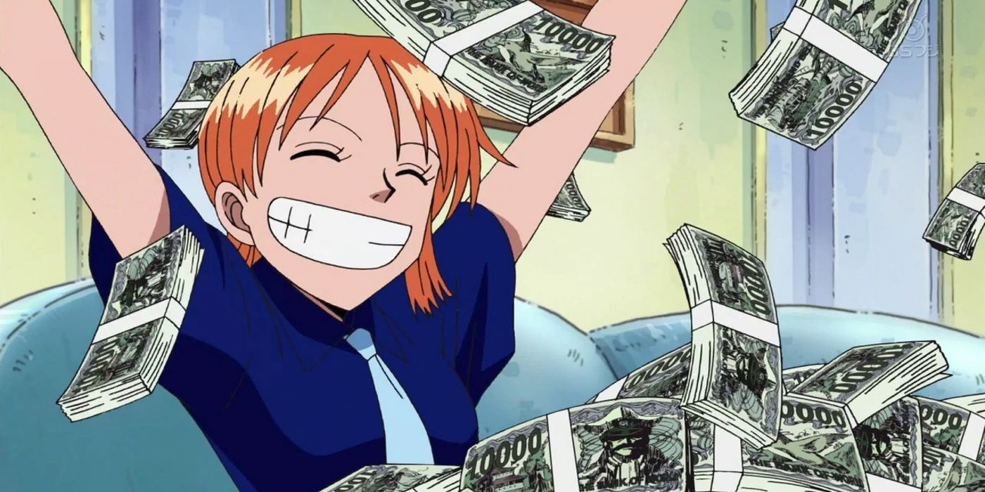 Nami makes it rain with wads of cash in One Piece.