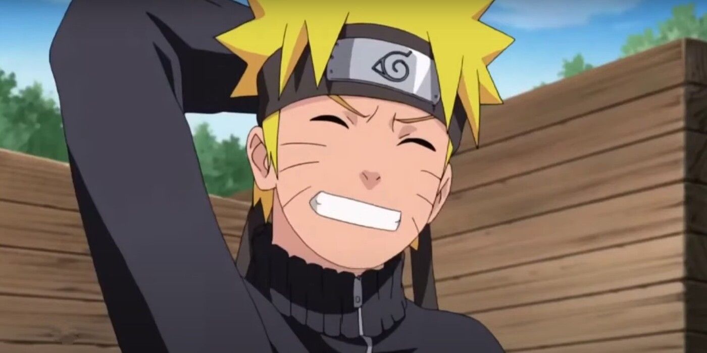 Naruto looking embarassed with his arm behind his head.