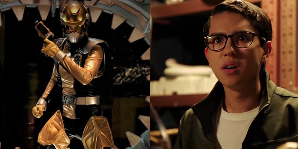 Composite image of Nate Silva as the Gold Ranger holding his blaster and without his suit