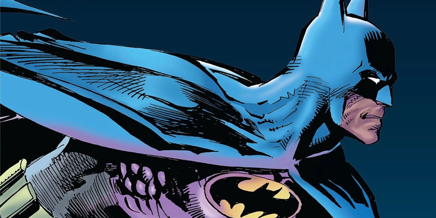 Batman em terno azul e cinza, desenhado por Neal Adams.