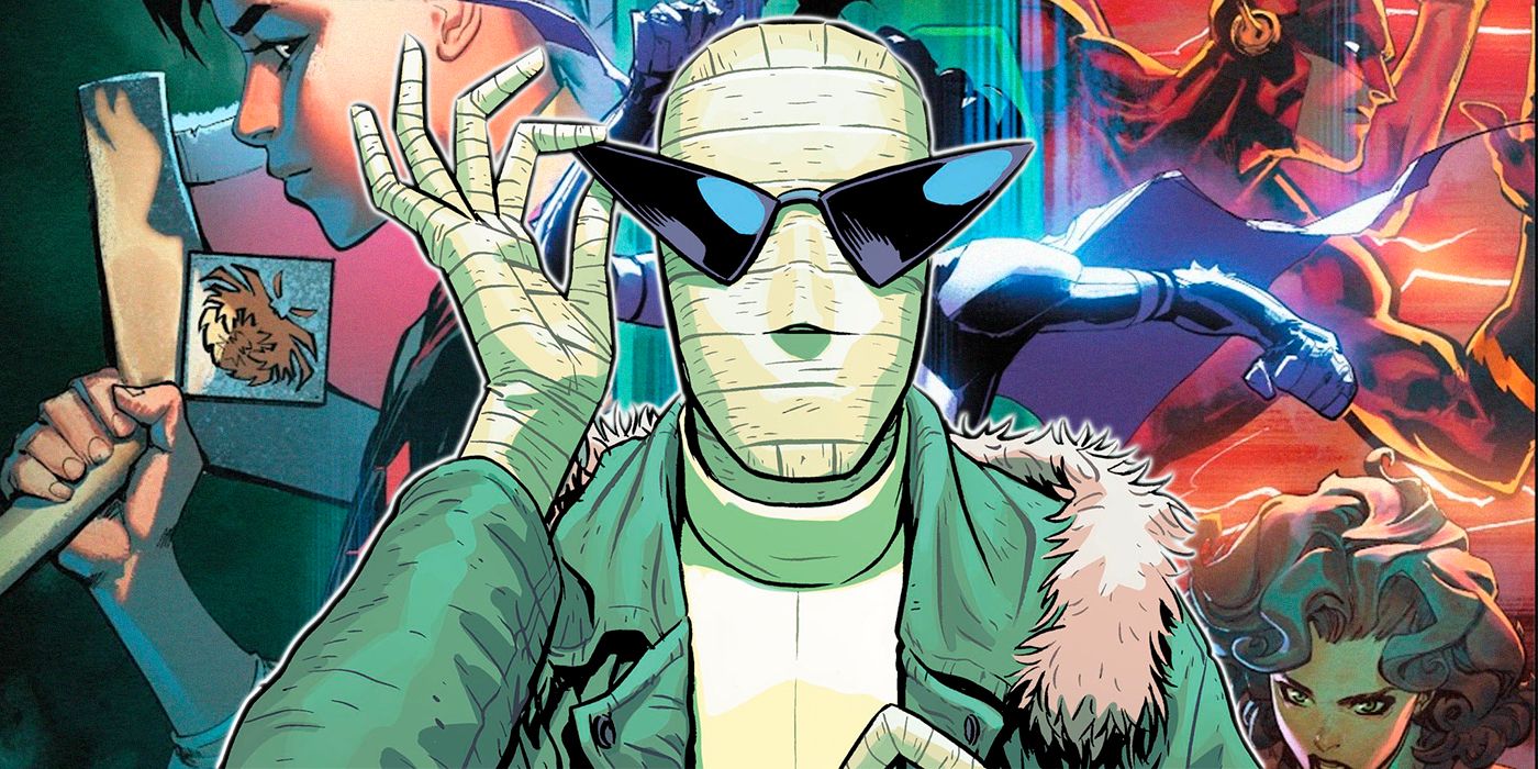 Negative Man touching his glasses in front of the rest of the Doom Patrol