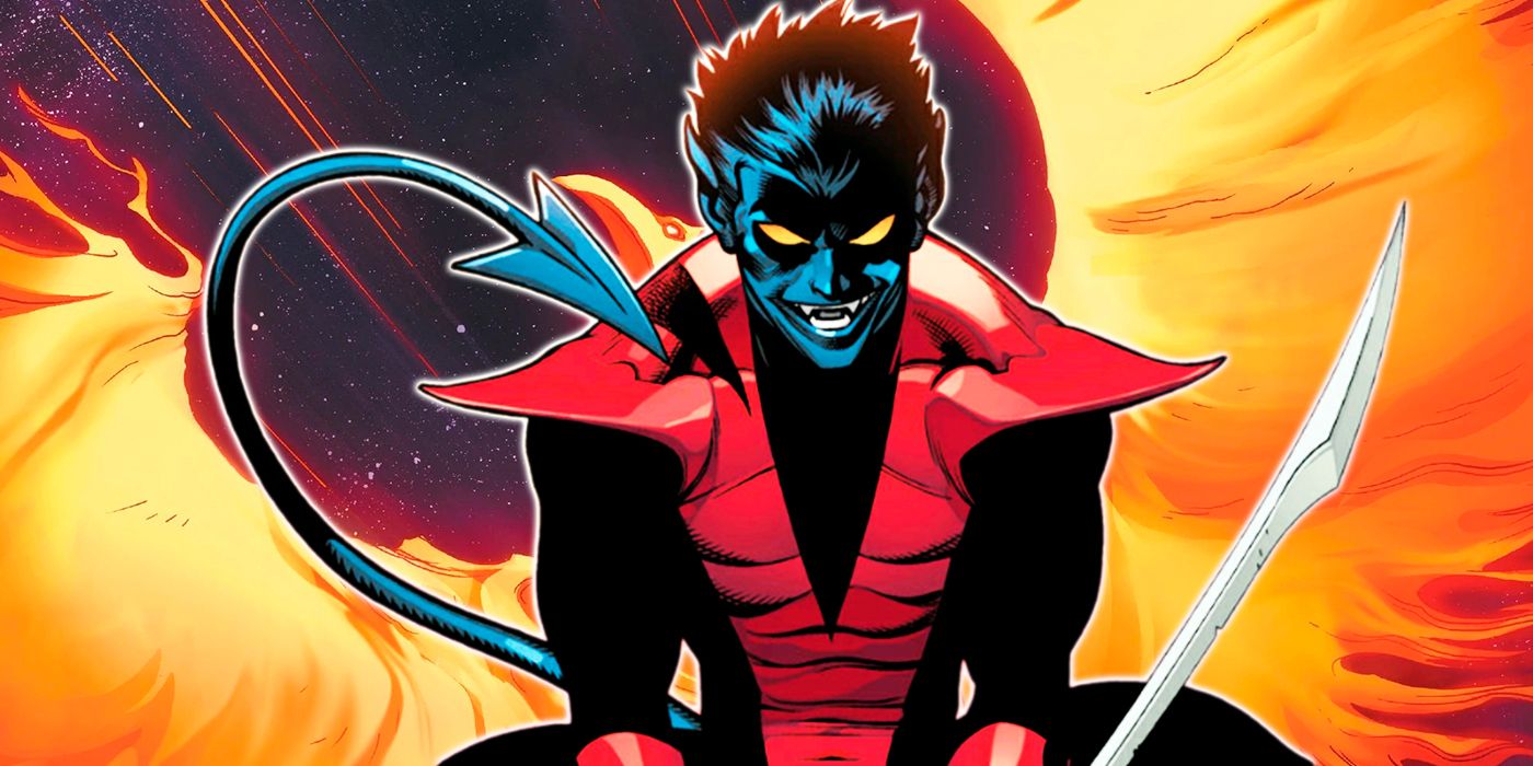 Nightcrawler smiling imposed in front of the phoenix