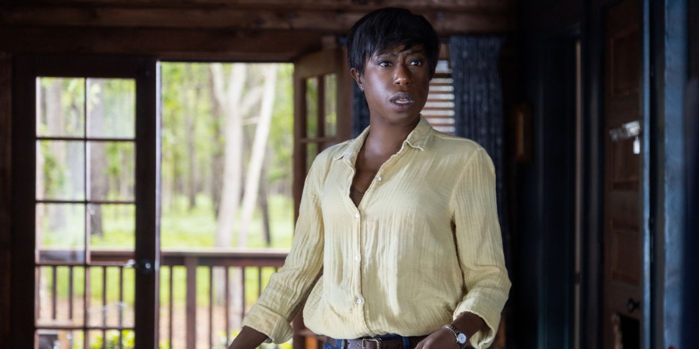 Sabrina (Nikki Amuka-Bird) opens her mouth in surprise in Knock at the Cabin