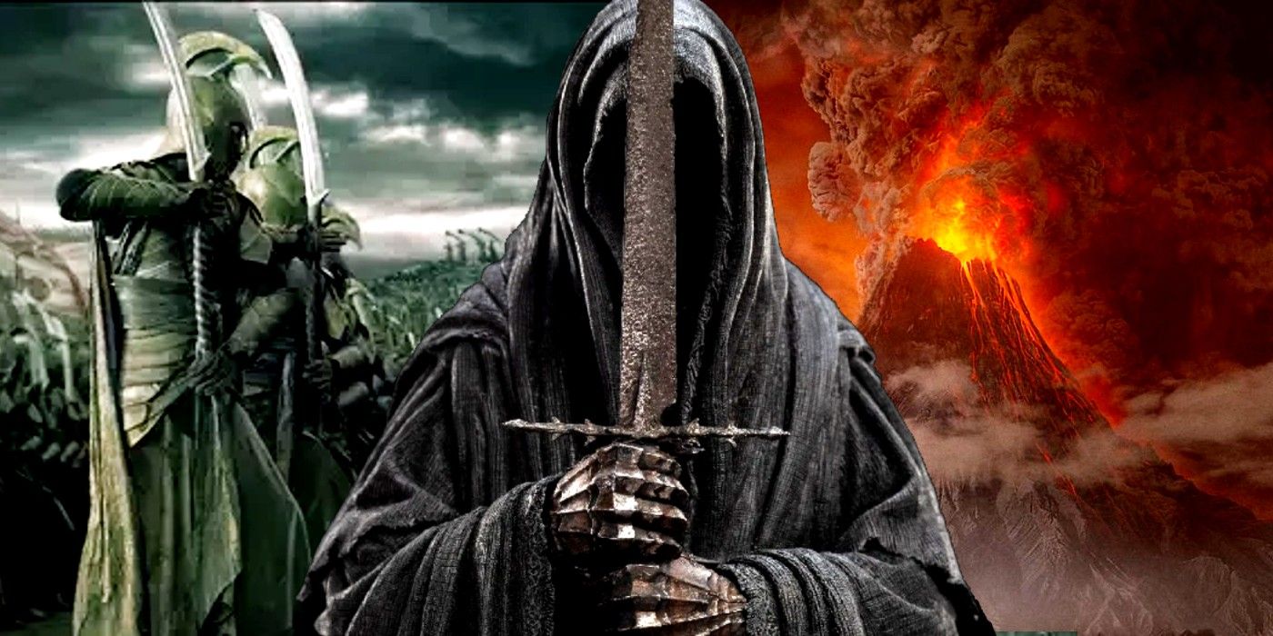 One of the nine Nazgul from The Lord of the Rings, with Mount Doom and Elves in the background
