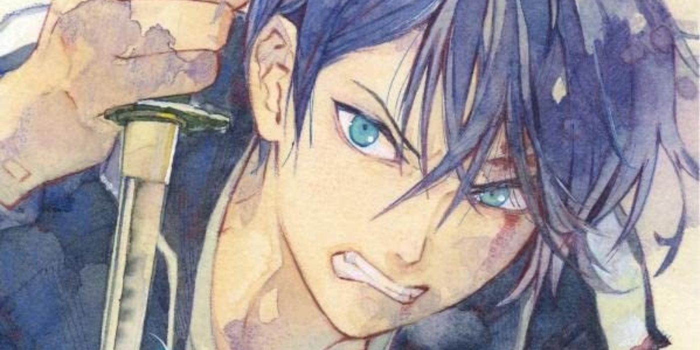 Noragami's Yato gritting his teeth and driving a sword downward