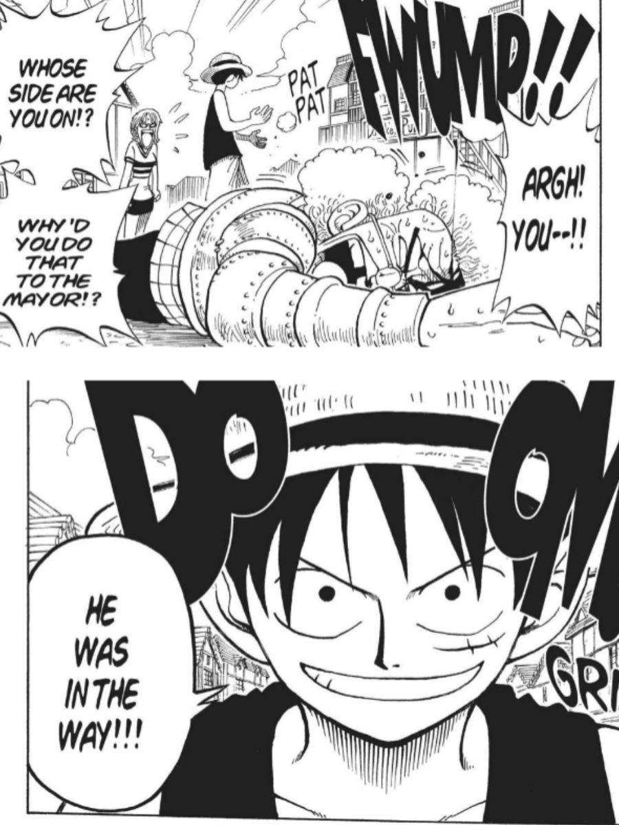 Luffy nocauteia o prefeito Boodle em One Piece