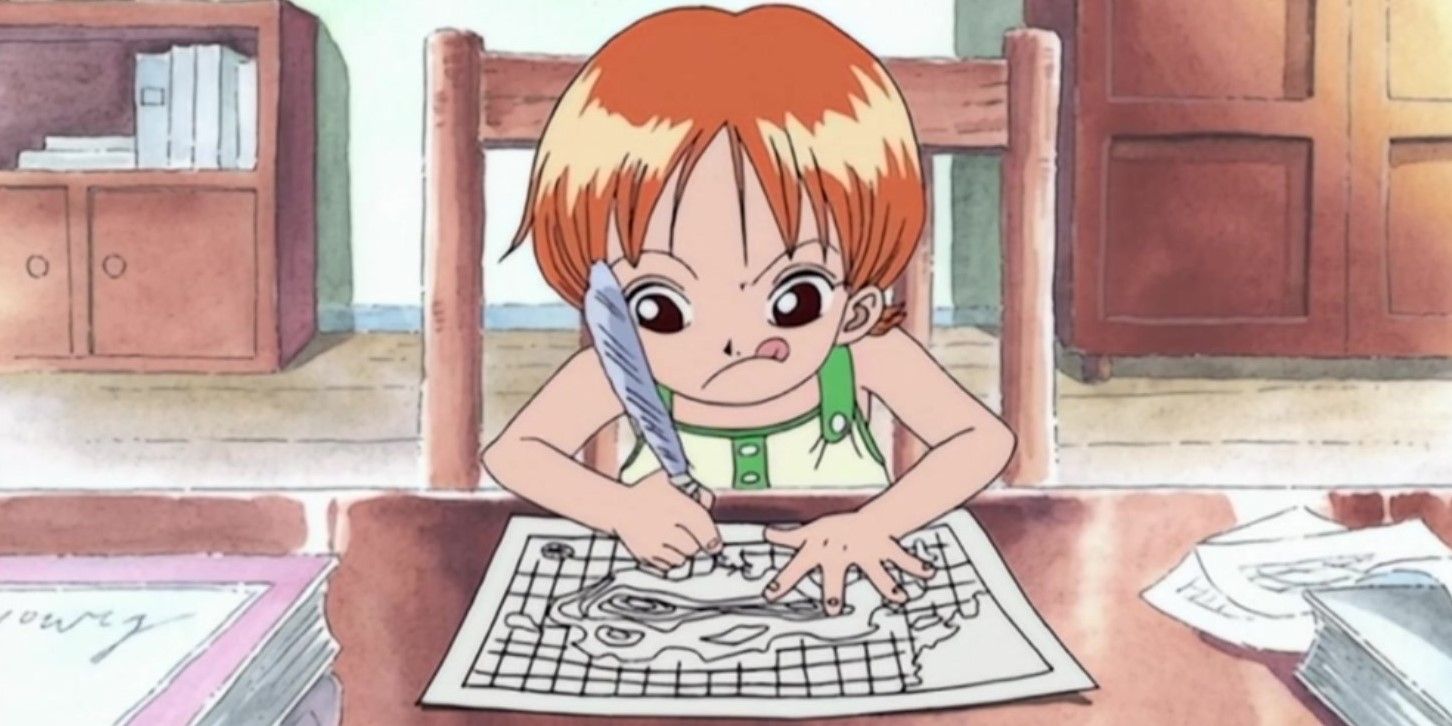 One Piece's Nami as a child, sitting behind a desk drawing maps.
