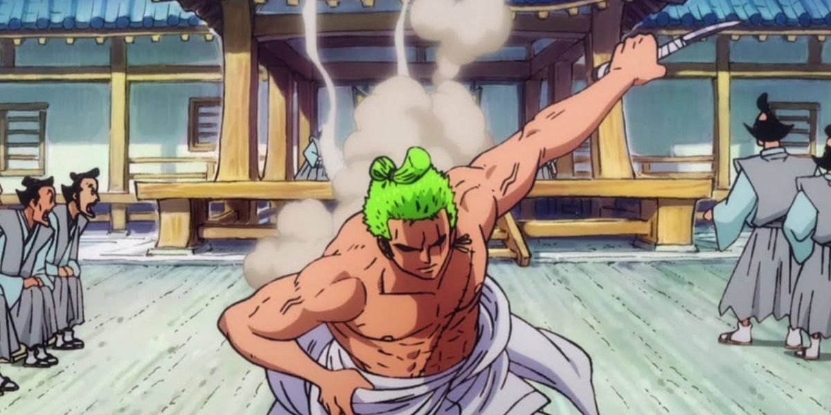 Roronoa Zoro of the Straw Hat Pirates makes a perfect sword strike in One Piece anime