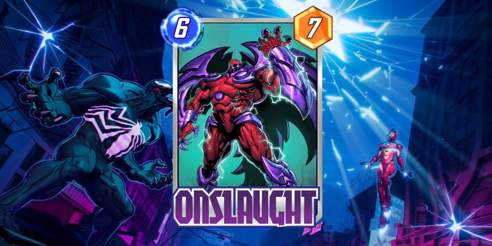 Carta Onslaught Marvel Snap com fundo Marvel Snap.