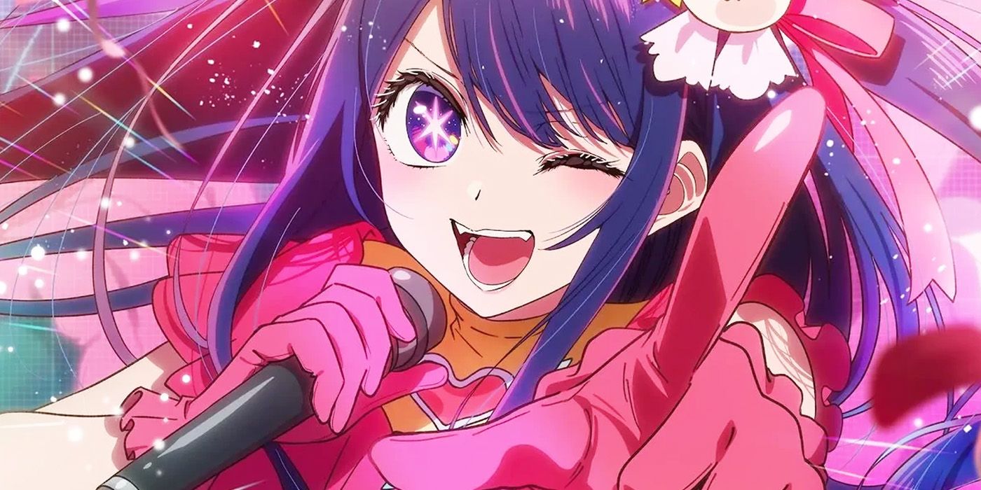 A singer from the Oshi no Ko anime winking and holding a microphone.