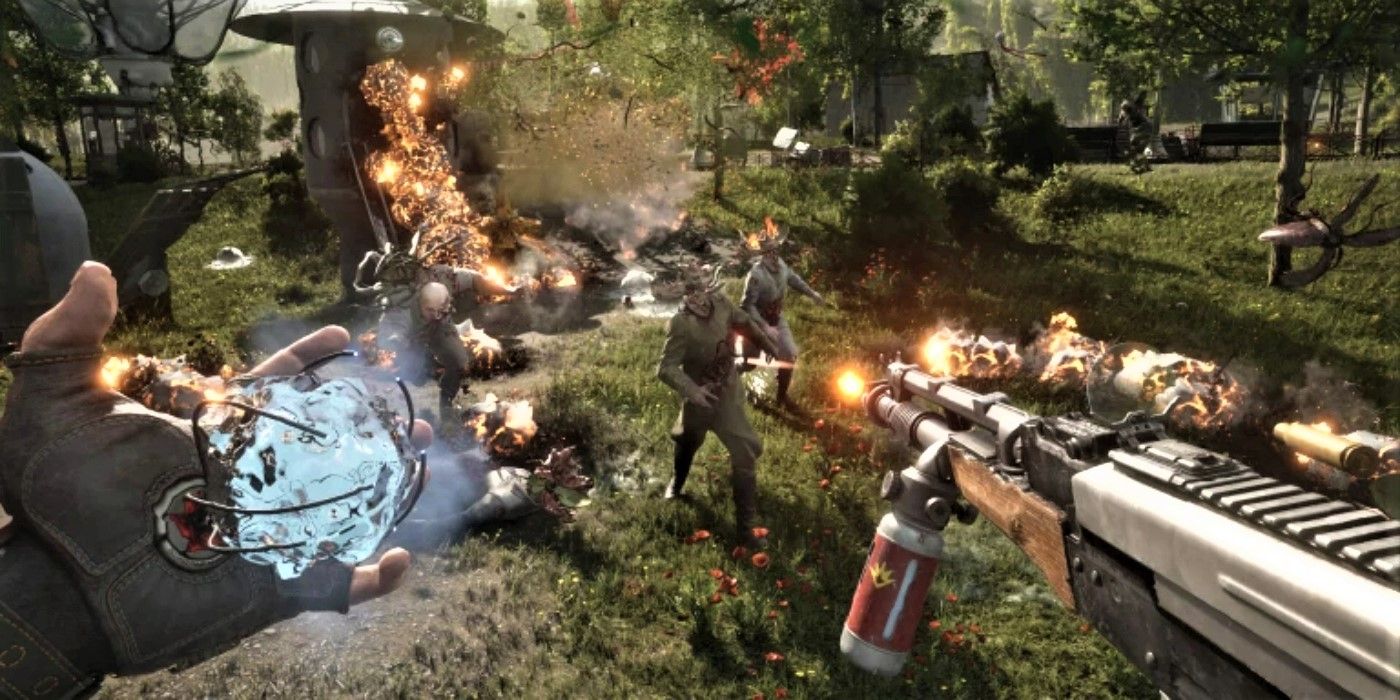 P-3 fighting off enemies with a flamethrower and implant abilities in Atomic Heart