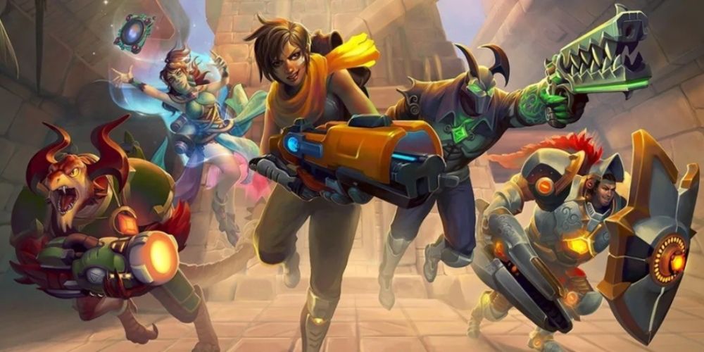 Uma equipe de campeões avançando em Paladins: Champions of the Realm.