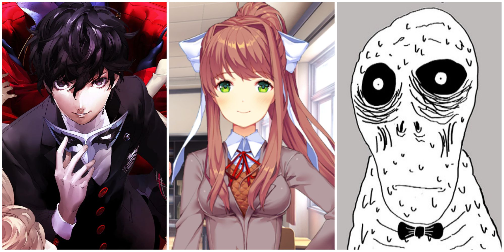 A split image of Persona 5's Joker, Doki Doki Literature Club's Monica. Speed Dating For Ghosts