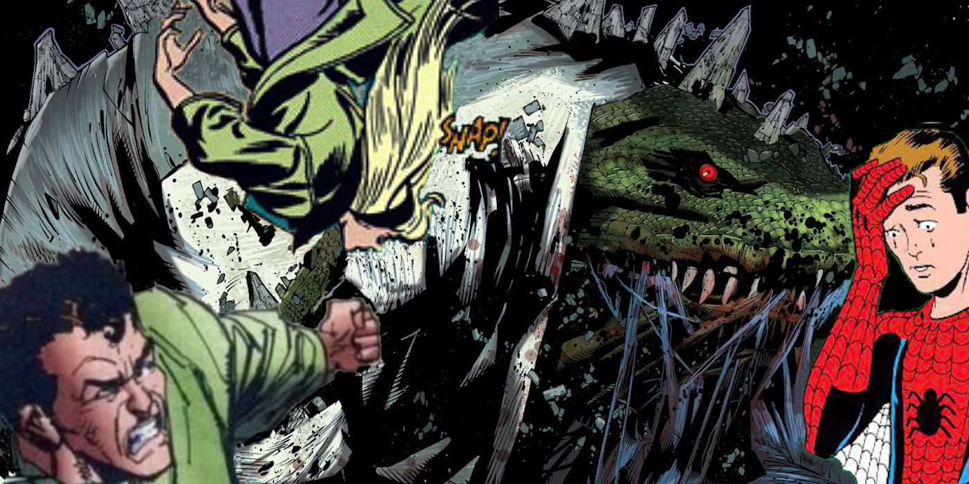 collage of Peter Parker, Gwen Stacy, and the Lizard from Marvel Comics