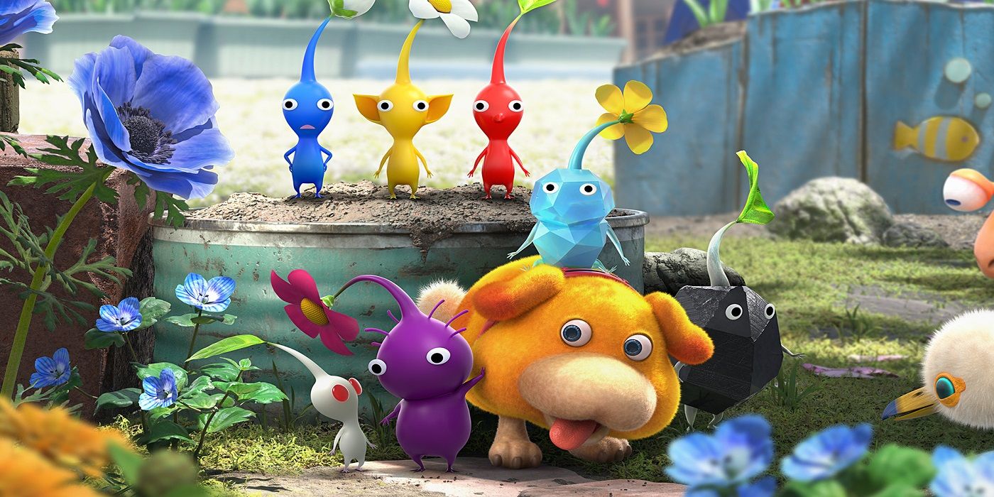 Oatchi the dog relaxing with a blue, yellow, red, white, purple, ice, and rock Pikmin in promotional art from Pikmin 4
