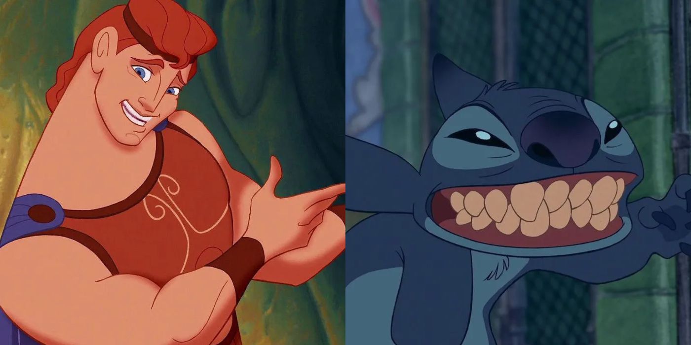 Hercules motioning behind him in Hercules and Stitch grinning from Lilo & Stitch. 