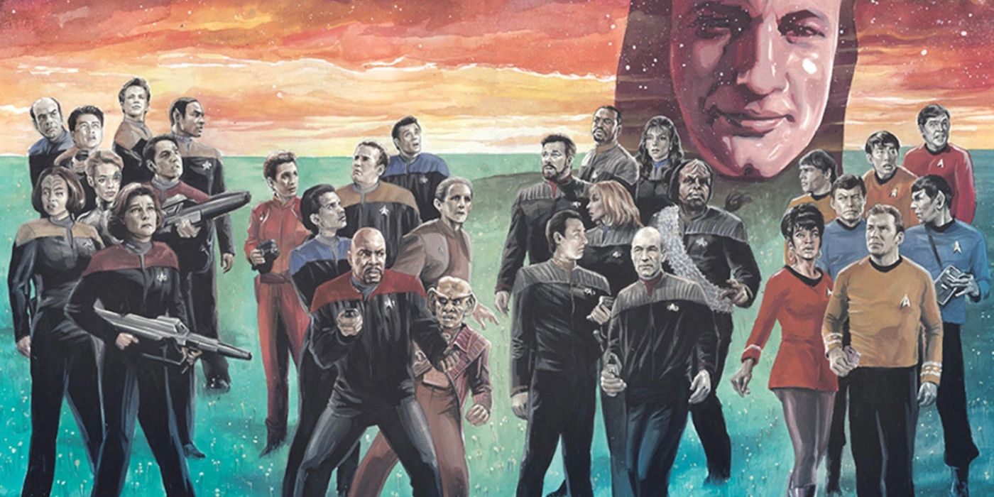 Q overlooking the other Star Trek crews from Star Trek: The Q Conflict