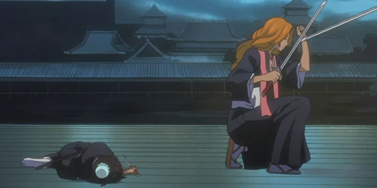 Rangiku bloqueia a espada de Gin para proteger Momo