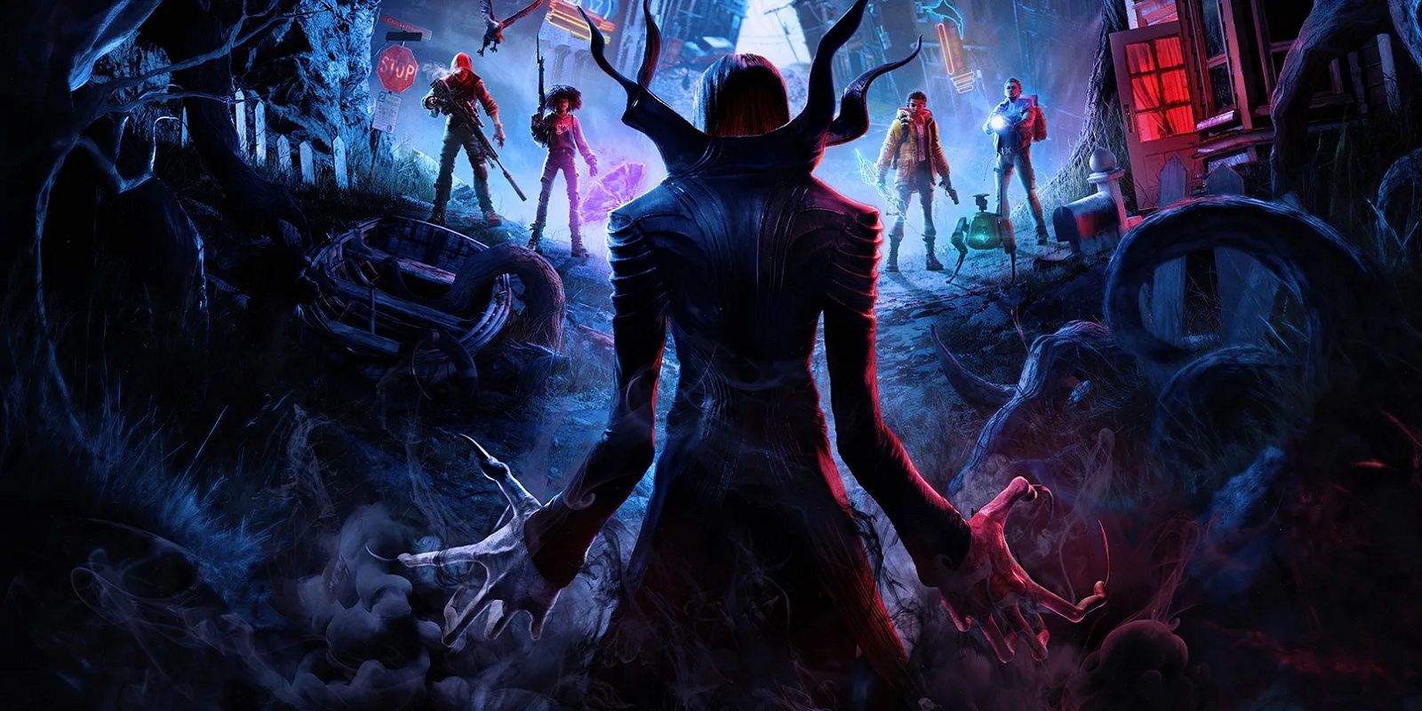 Redfall key art showing the heroes approaching a vampire