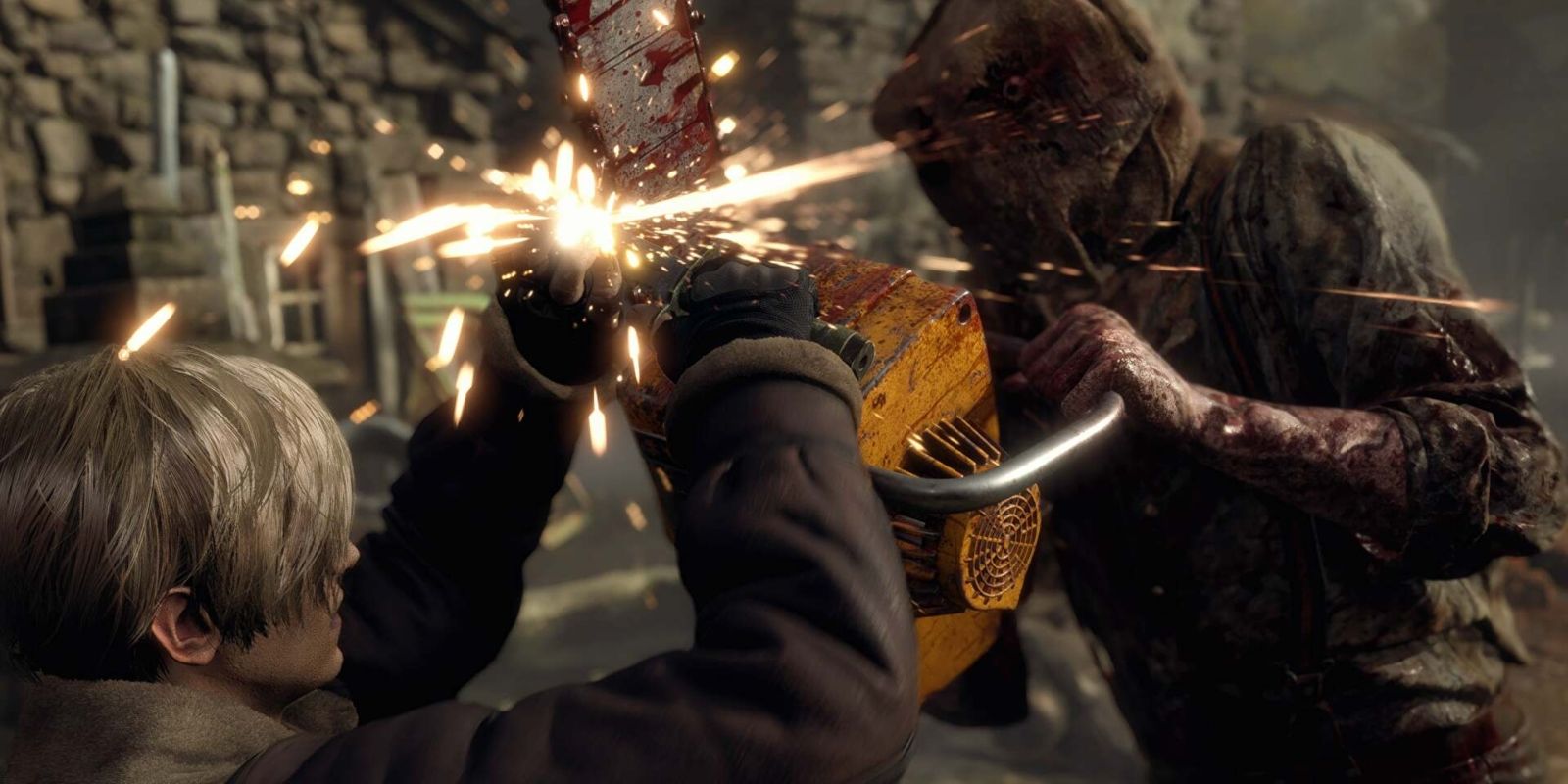 Leon Kennedy using a knife to fight an enemy with a chainsaw in Resident Evil 4's remake