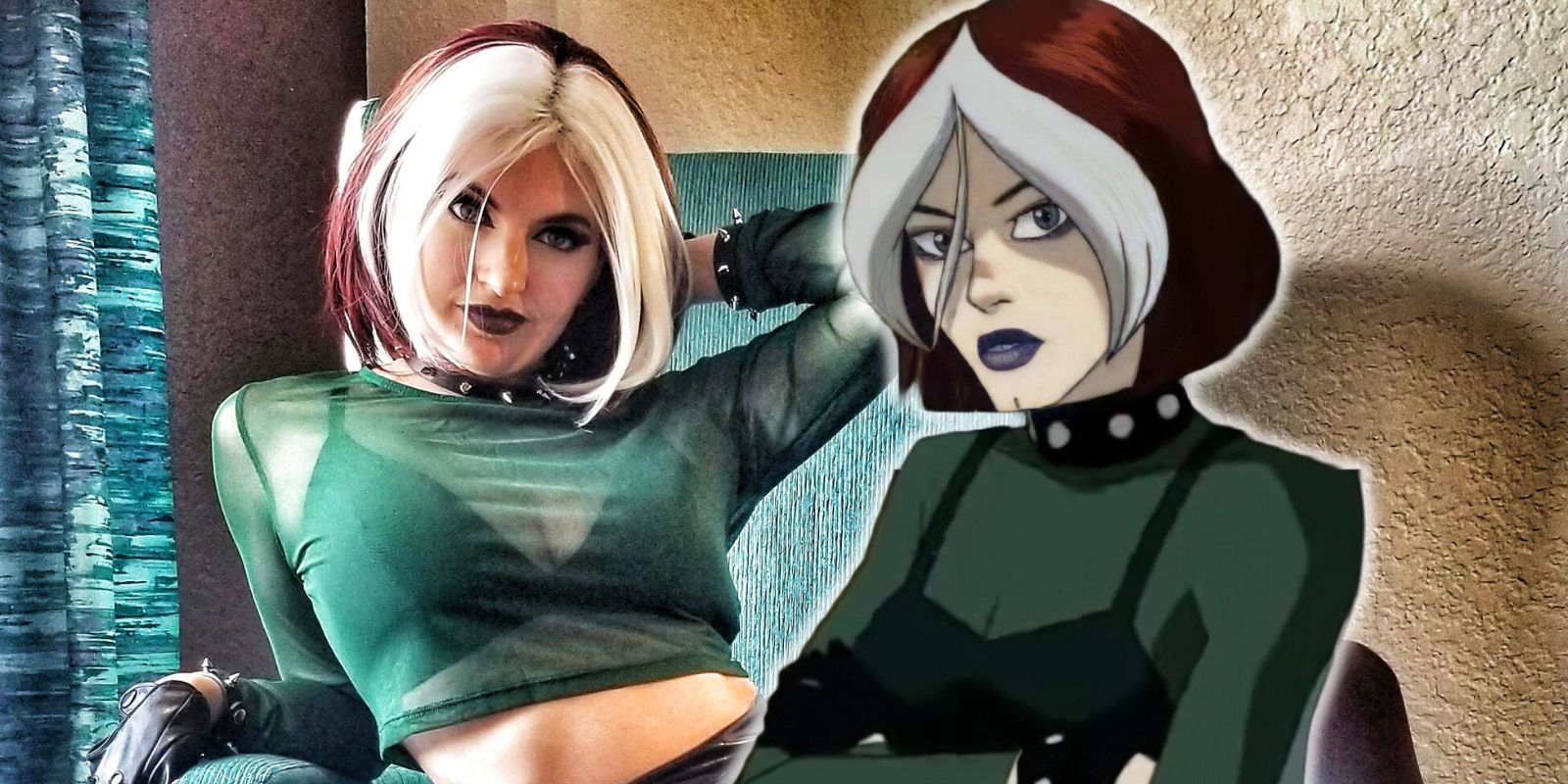 A cosplayer in a X-Men Evolution inspired Rogue costume