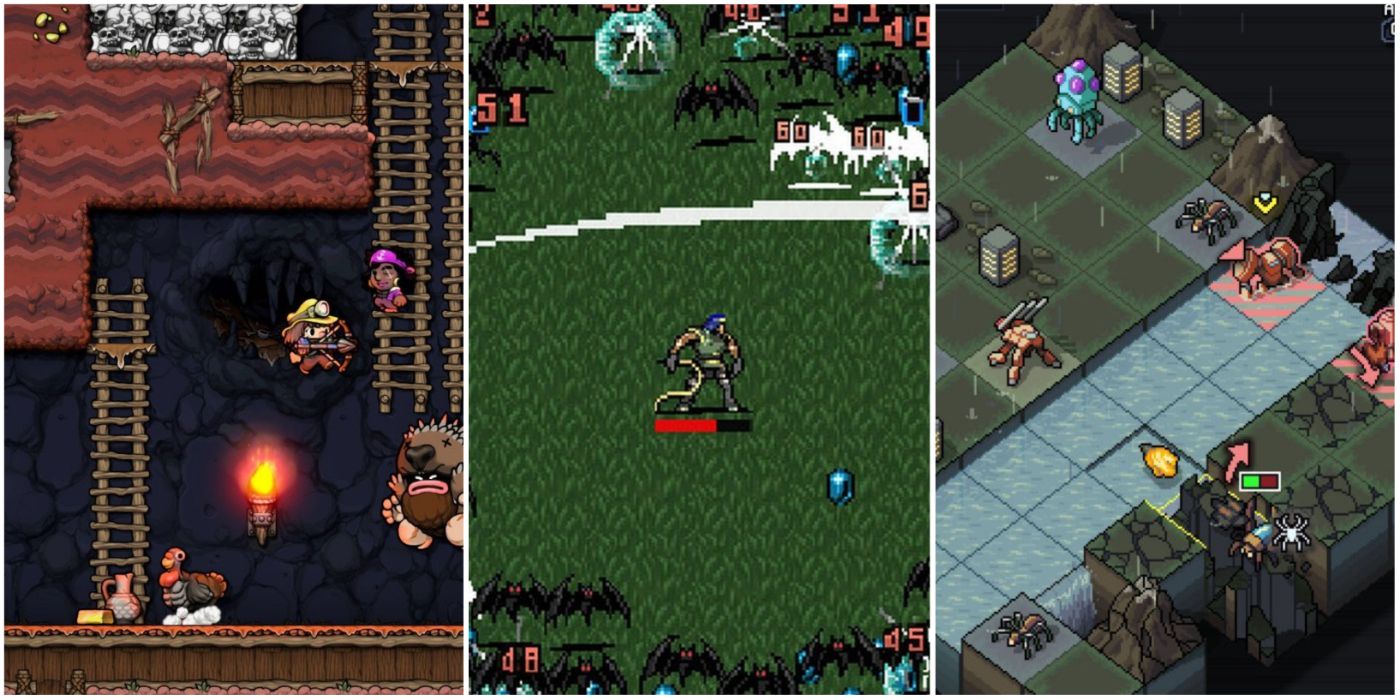 A split image showing Spelunky 2, Vampire Survivors, and Into the Breach roguelike games