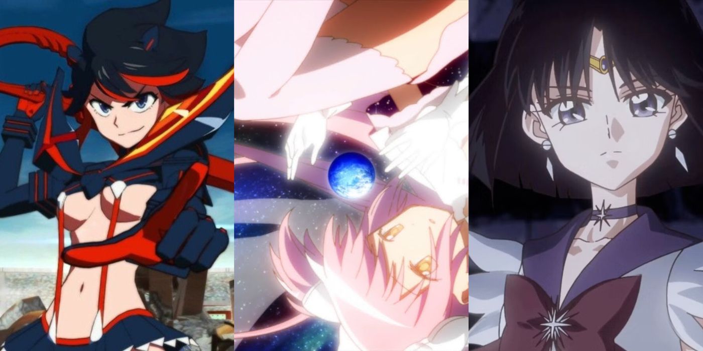 Ryuko Matoi from Kill la Kill (left), Madoka Kaname in her God form (center), and Sailor Saturn from Sailor Moon (right)