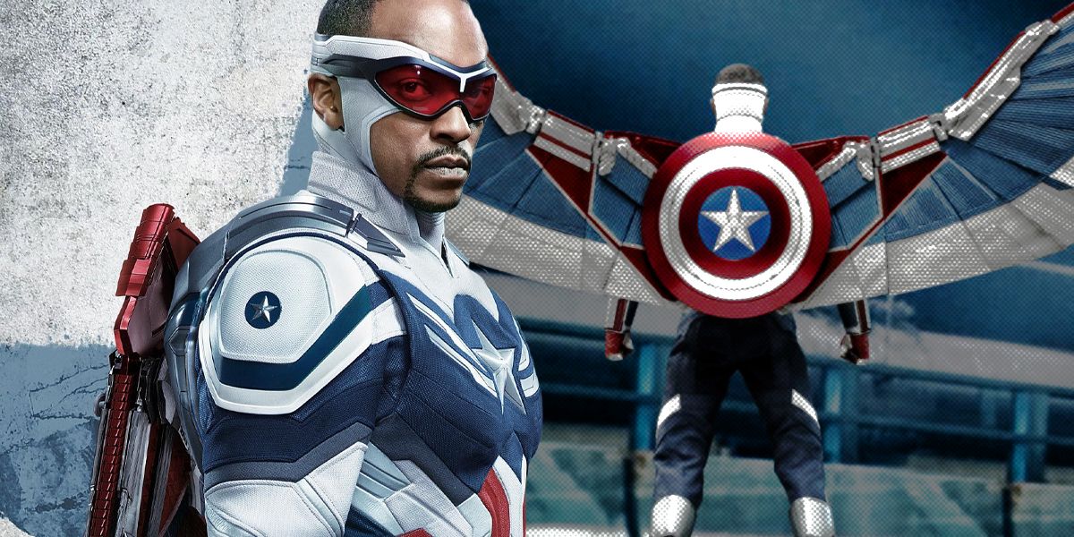 Sam Wilson as Captain America turned to the side next to shot of him from behind with wings spread