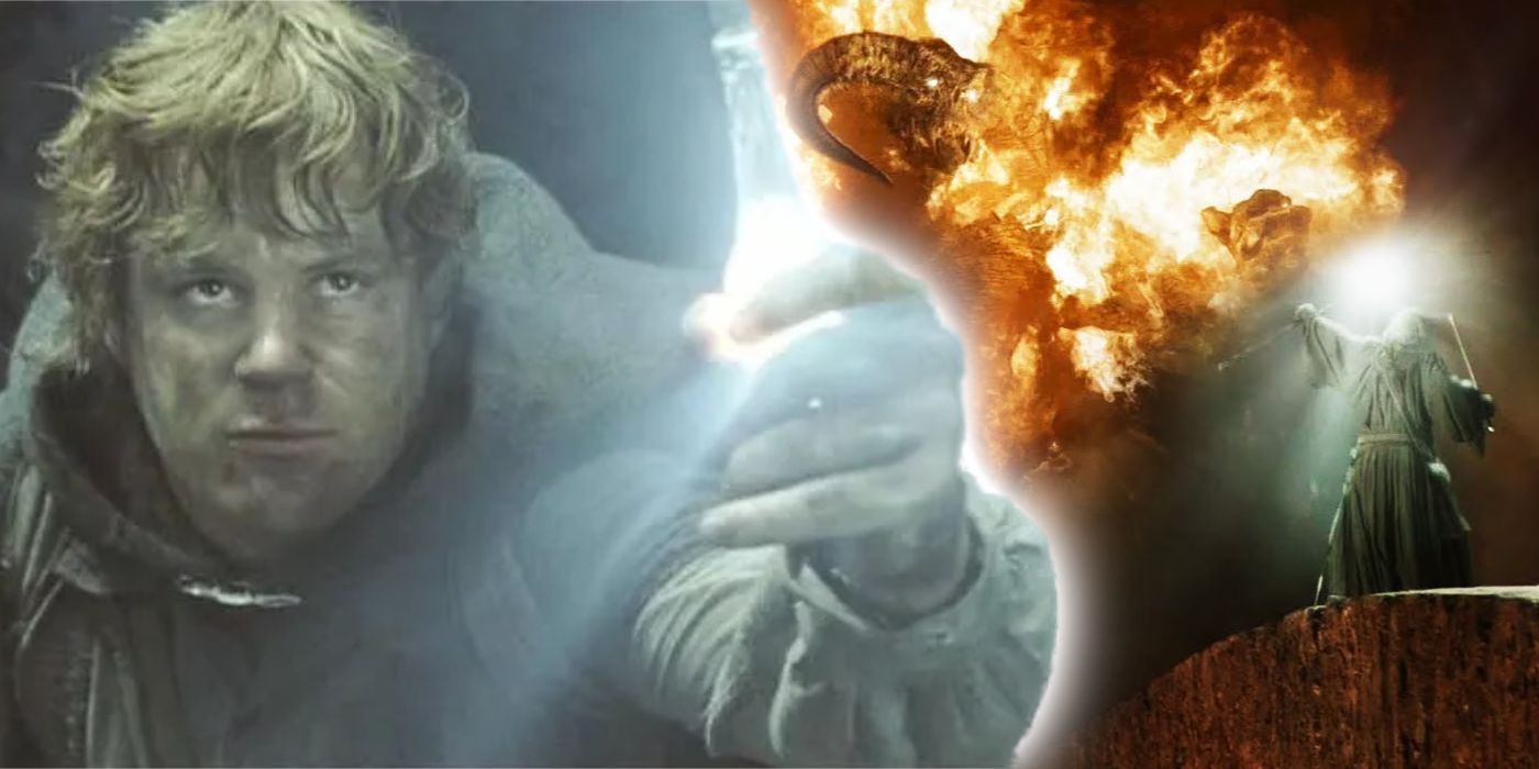 Samwise wielding the light of galadriel and Gandalf fighting the Balrog