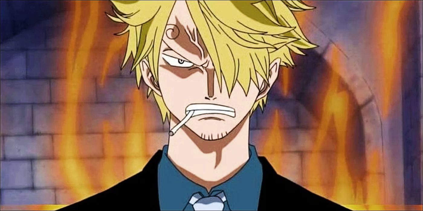 Sanji looks angry with flames in the background in One Piece