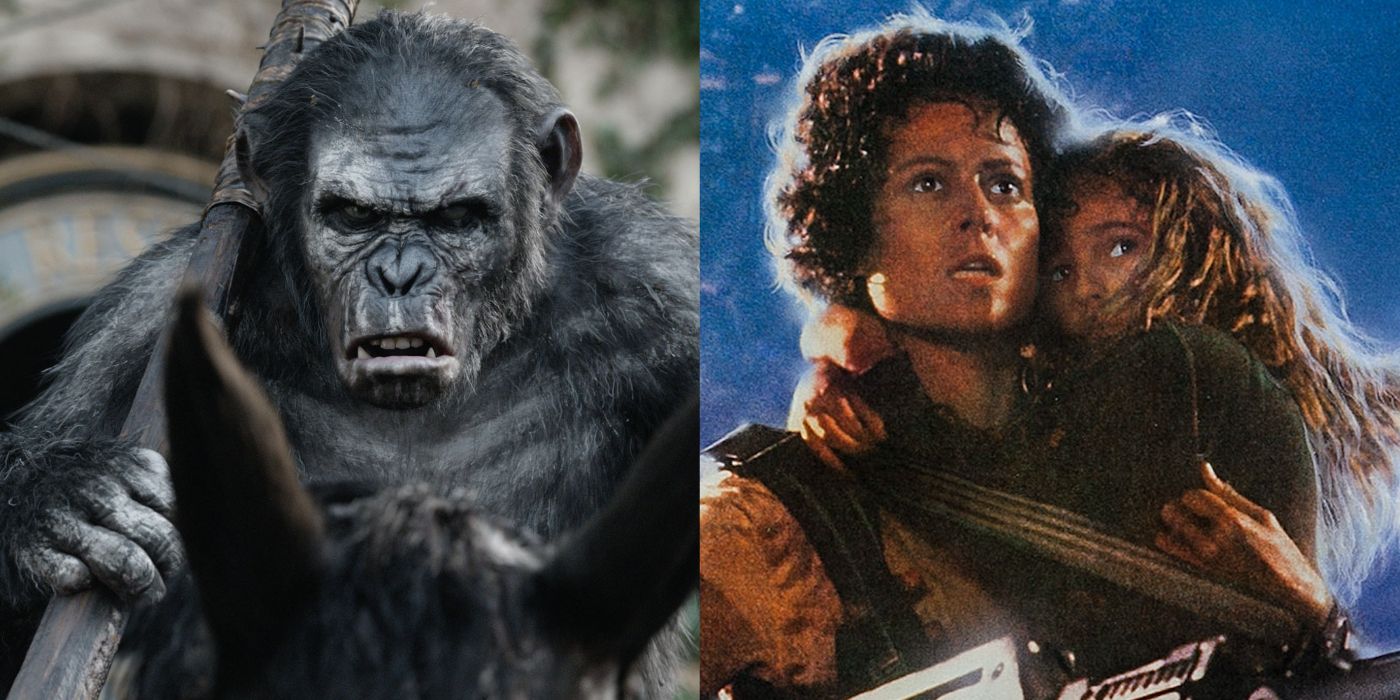 A chimpanzee riding a horse in Dawn of the Planet of the Apes and Ellen holding Newt in Aliens. 
