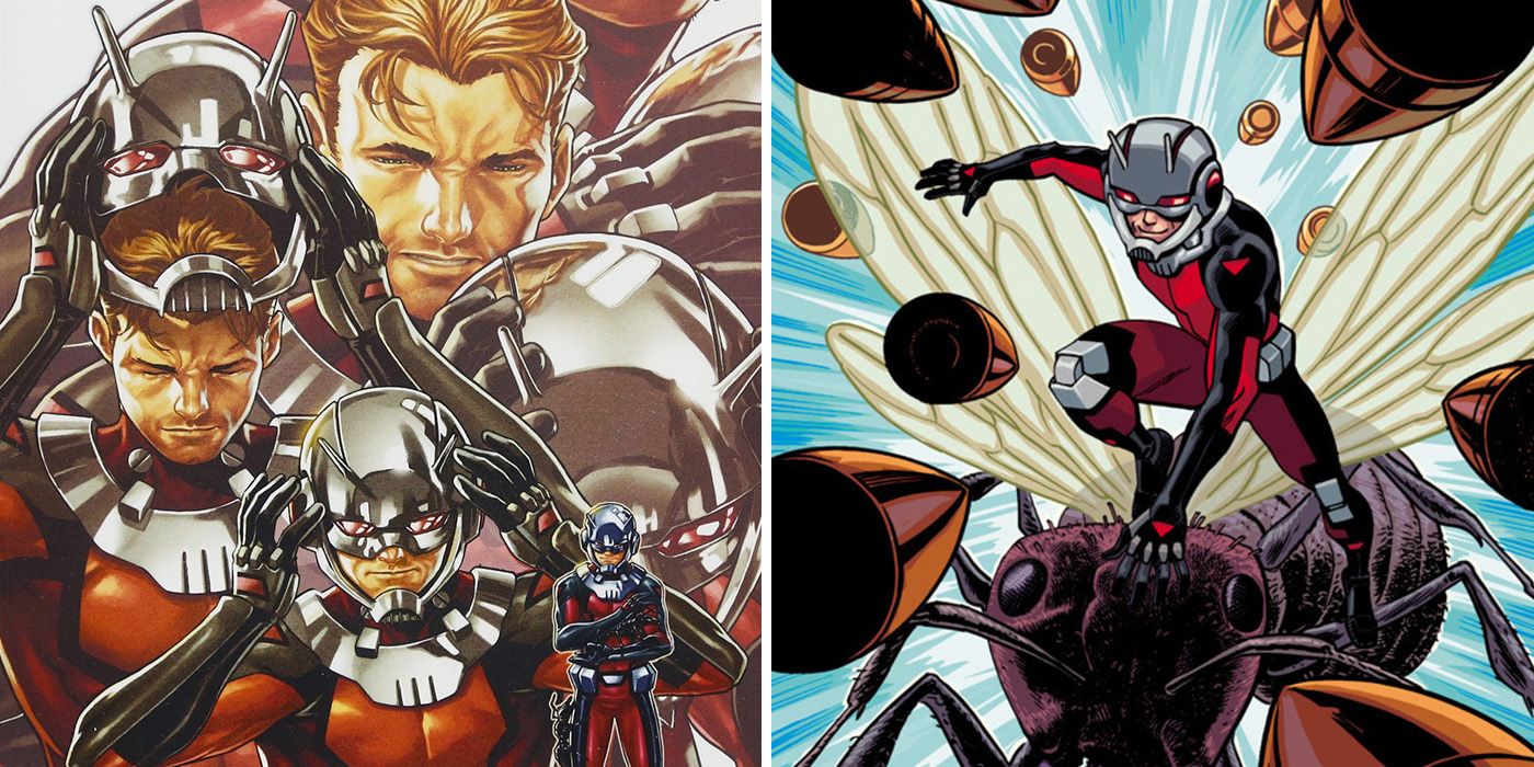 split image of Scott Lang becoming Astonishing Ant-Man and dodging bullets