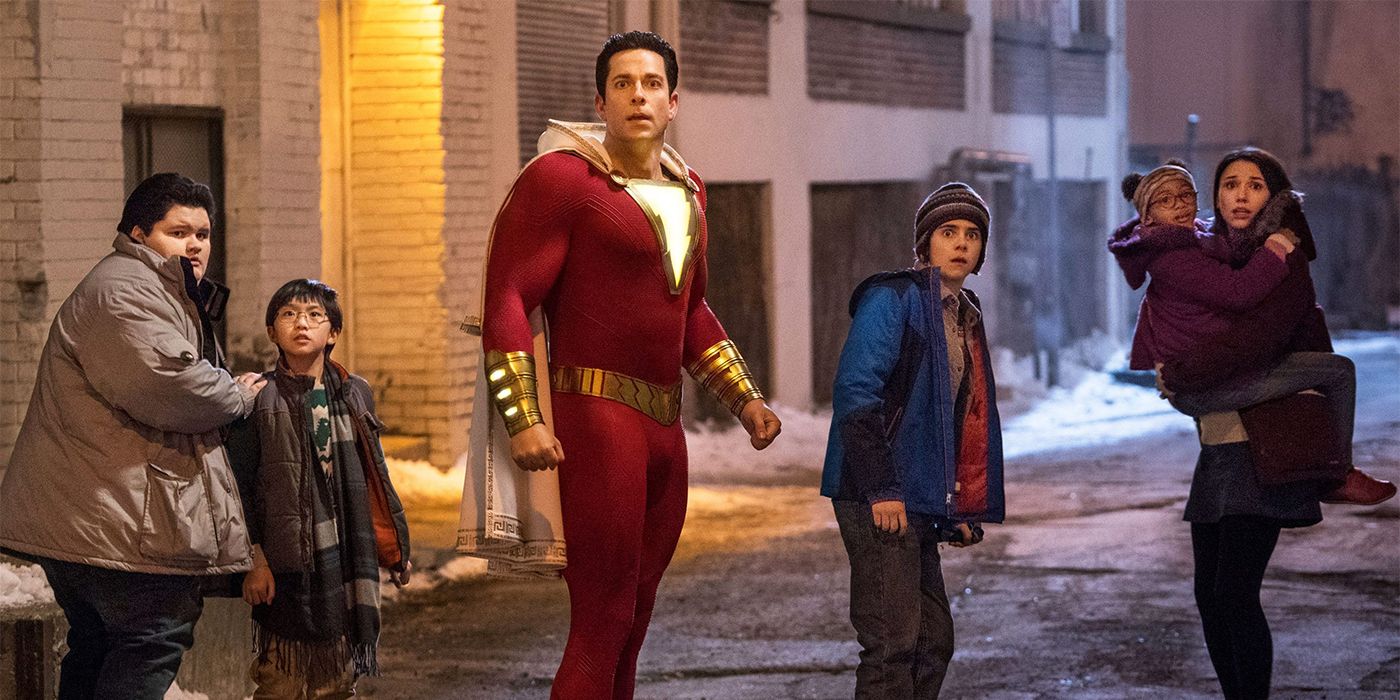 Shazam and his family looking scared in alley