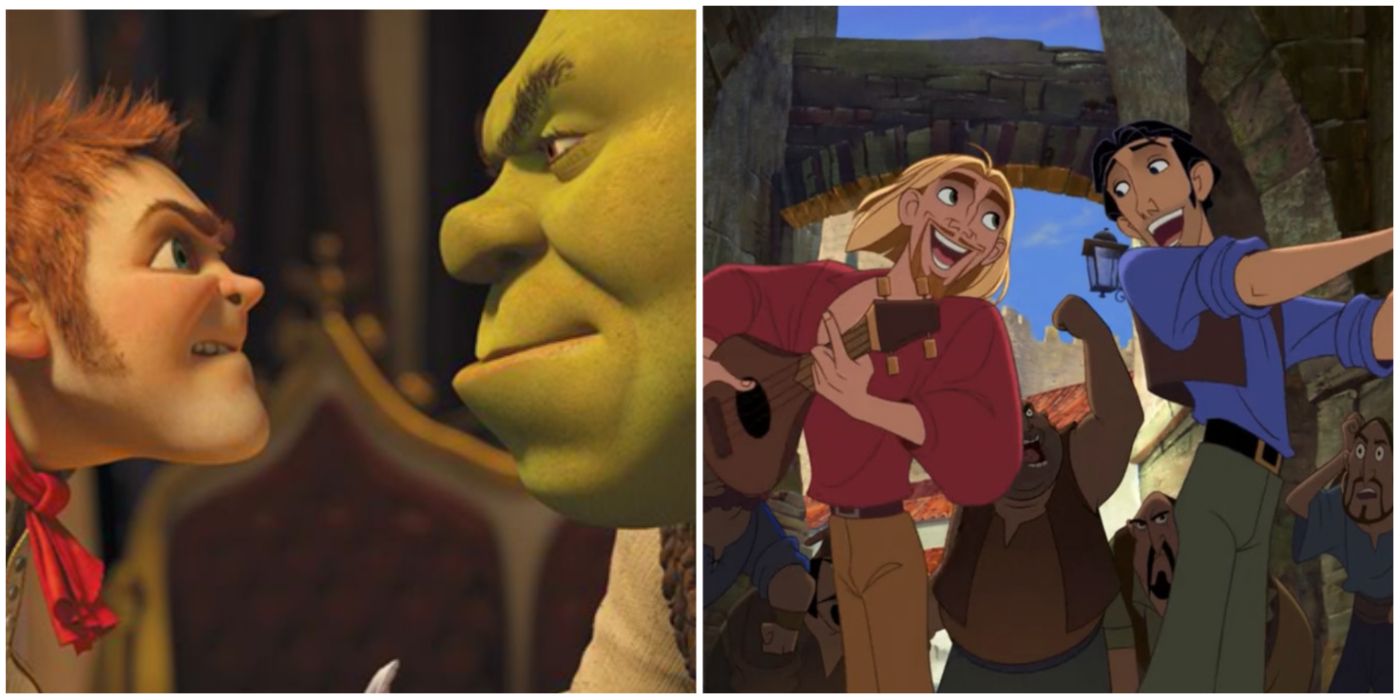Shrek vs Rumpelstiltskin, Tulio and Miguel split image