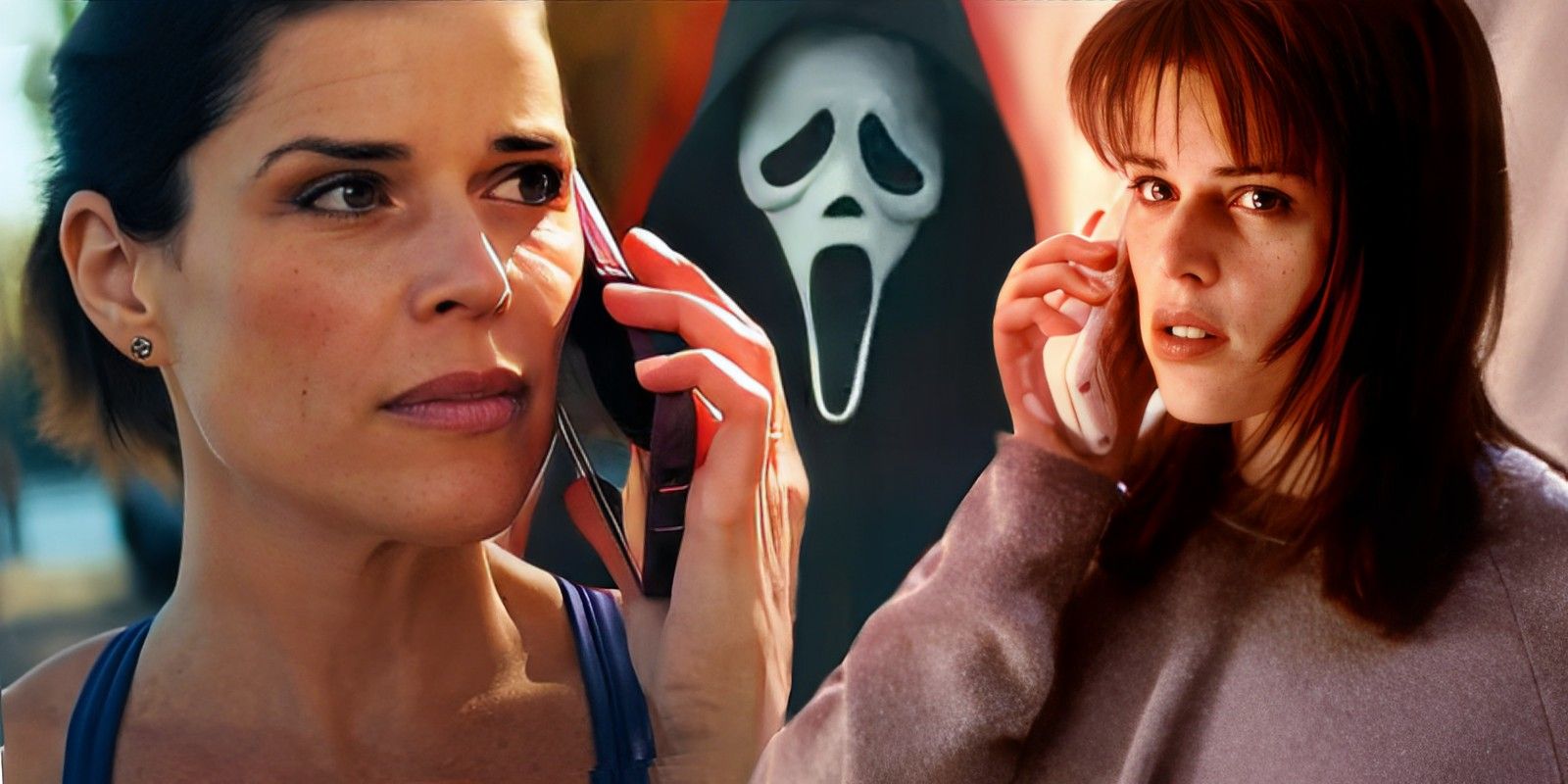 Sidney Prescott in Scream 1 & 5 on either side of Ghostface
