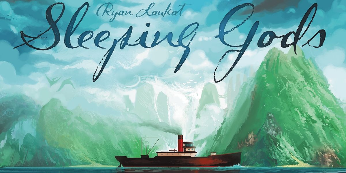 A steam boat passing an island on the cover of Sleeping Gods board game